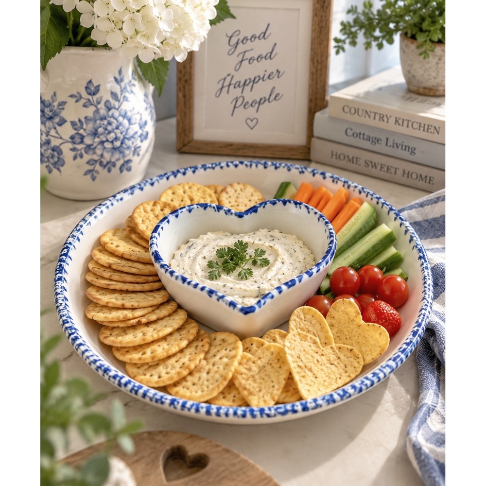 Blue Spongeware Ceramic Chip and Dip Set Heart Bowl Round Platter Farmhouse
